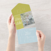 Modern Script Chartreuse and Blue Wedding オールインワン招待状 (貼ってはがせる)