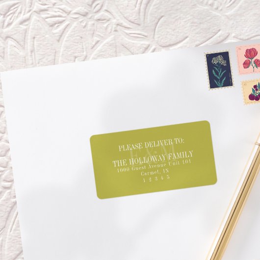 Modern Script Chartreuse Citrus Monogram Wedding ラベル