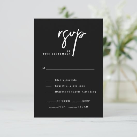 Modern Script Chic Black and White Wedding 出欠カード (スタンド正面)