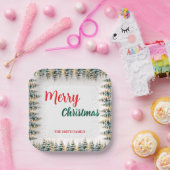 Modern Script Christmas Xmas winter pine tree fore ペーパープレート (パーティー)