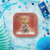 Modern Script Christmas Xmas winter pine tree fore ペーパープレート (パーティー)