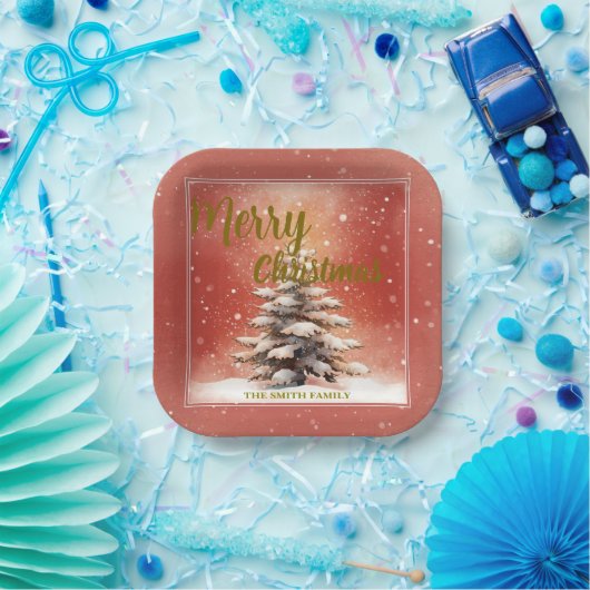 Modern Script Christmas Xmas winter pine tree fore ペーパープレート (パーティー)