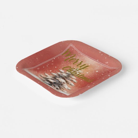 Modern Script Christmas Xmas winter pine tree fore ペーパープレート (傾斜あり)