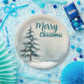 Modern Script Christmas Xmas winter pine tree fore ペーパープレート (パーティー)