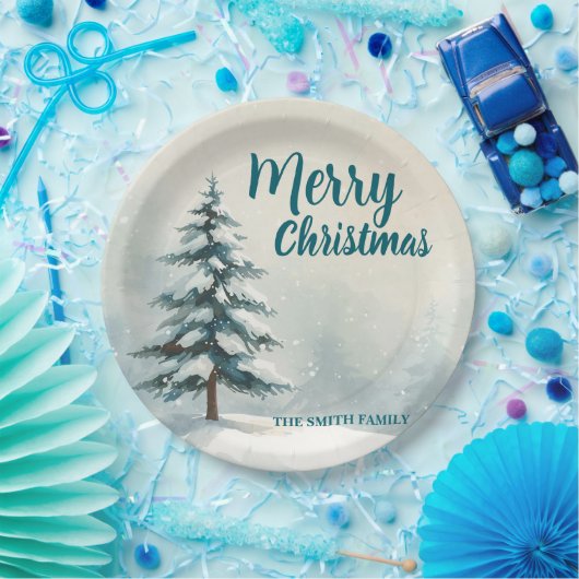 Modern Script Christmas Xmas winter pine tree fore ペーパープレート (パーティー)