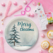 Modern Script Christmas Xmas winter pine tree fore ペーパープレート (パーティー)