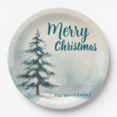 Modern Script Christmas Xmas winter pine tree fore ペーパープレート (正面)