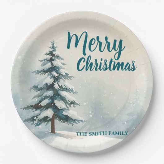 Modern Script Christmas Xmas winter pine tree fore ペーパープレート (正面)