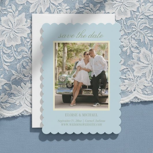 Modern Script Citrus Blue Wedding Photo セーブザデート