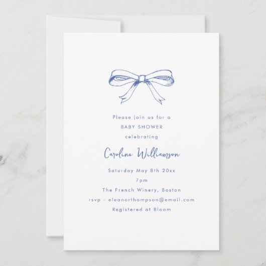 Modern Script Coquette Bow Blue Baby Shower 招待状 (正面)