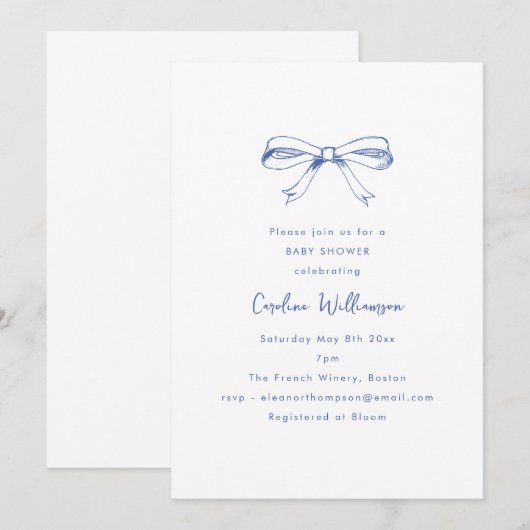 Modern Script Coquette Bow Blue Baby Shower 招待状 (正面/裏面)