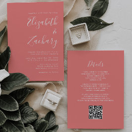 Modern Script Coral Pink QR Code Wedding 招待状