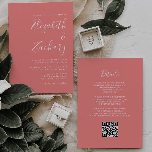Modern Script Coral Pink QR Code Wedding 招待状