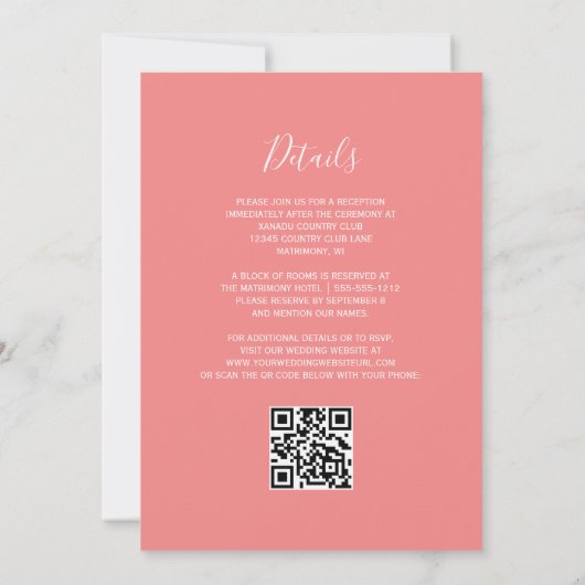 Modern Script Coral Pink QR Code Wedding 招待状 (裏面)
