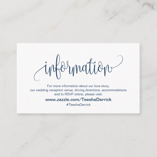 Modern Script, Dark Blue font, Our Wedding Details エンクロージャーカード (正面)