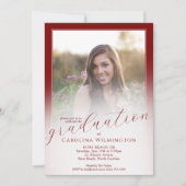 Modern Script Dark Red Ombre Photo Graduation 招待状 (正面)