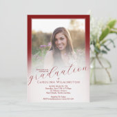 Modern Script Dark Red Ombre Photo Graduation 招待状 (スタンド正面)