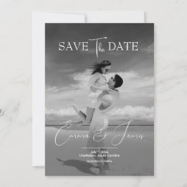 Modern Script Elegant Greyscale Wedding Photo セーブザデート