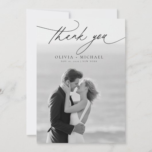 Modern Script Elegant Photo Wedding Thank You Card 招待状 (正面)