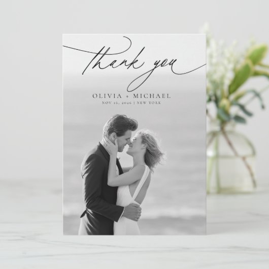 Modern Script Elegant Photo Wedding Thank You Card 招待状 (スタンド正面)