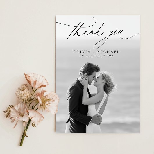 Modern Script Elegant Photo Wedding Thank You Card 招待状