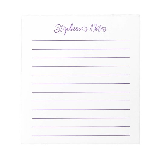 Modern Script Elegant Purple Lined Personalized ノートパッド (正面)