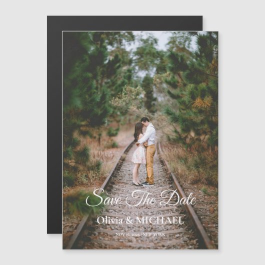 Modern Script Elegant Wedding Photo Save The Date マグネット招待状 (正面/裏面)