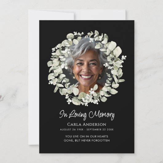 Modern Script Eucalyptus Photo Funeral/Memorial 招待状 (正面)