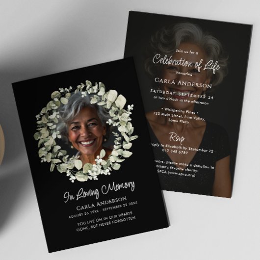 Modern Script Eucalyptus Photo Funeral/Memorial 招待状