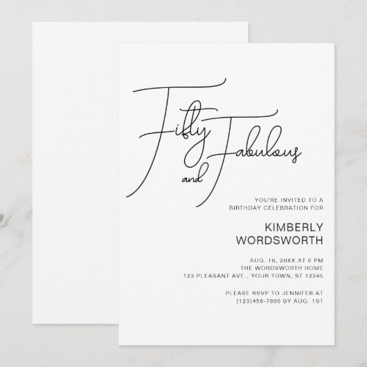 Modern Script Fifty and Fabulous 50th Birthday 招待状 (正面/裏面)