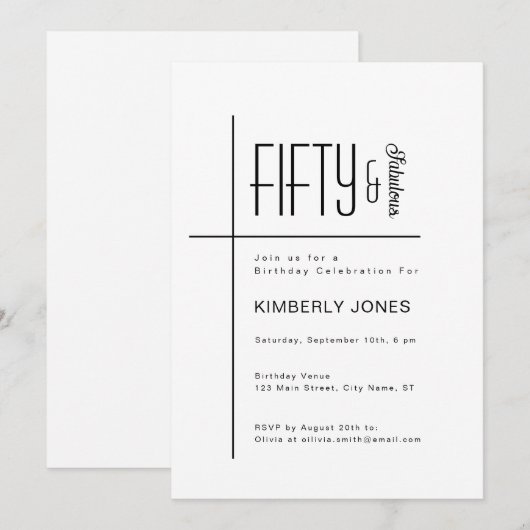 Modern Script Fifty & Fabulous 50th Birthday Party 招待状 (正面/裏面)