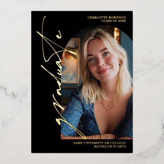  Modern Script gold graduate photo graduation 箔招待状 (正面)