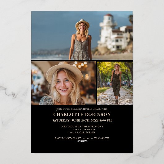  Modern Script gold graduate photo graduation 箔招待状 (裏面)