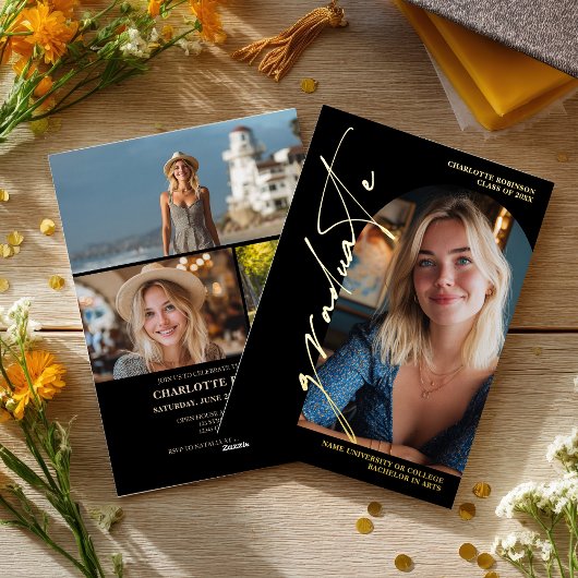  Modern Script gold graduate photo graduation 箔招待状