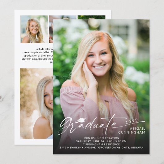 Modern Script Graduate 5 Photo Graduation 招待状 (正面/裏面)