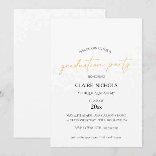 Modern Script Graduation Party Invitation 招待状 (正面/裏面)