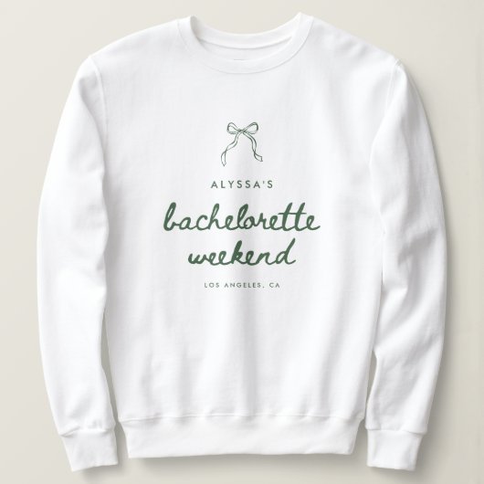 Modern Script Green Coquette Bachelorette Weekend スウェットシャツ (デザイン正面)
