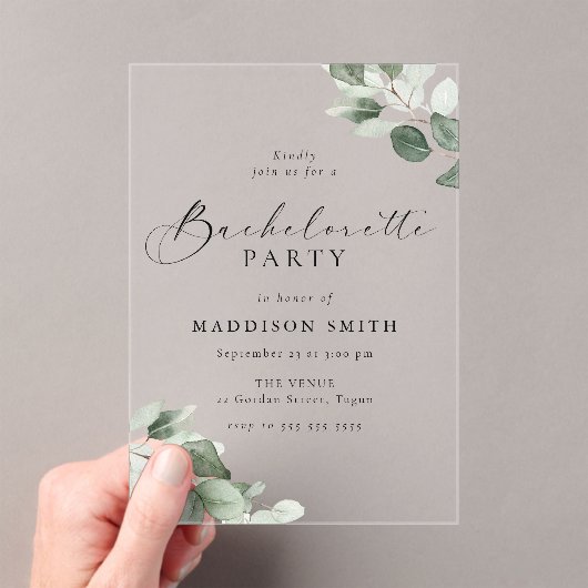 Modern Script Green Leaf Bachelorette Party アクリル招待状 (インサイチュ (ポータブル))