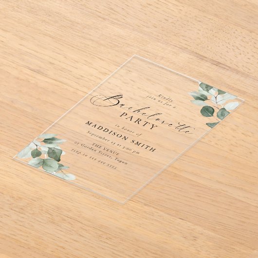 Modern Script Green Leaf Bachelorette Party アクリル招待状 (レイダウン)