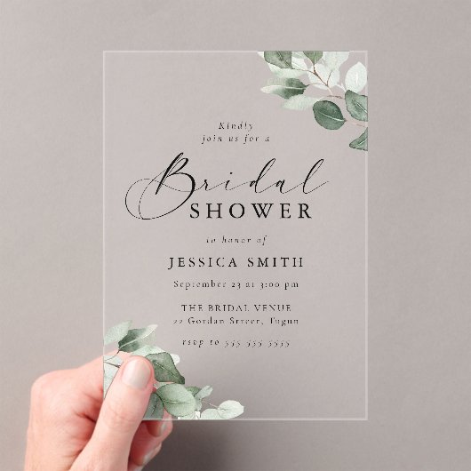 Modern Script Green Leaf Bridal Shower アクリル招待状 (インサイチュ (ポータブル))