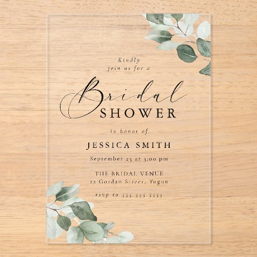 Modern Script Green Leaf Bridal Shower アクリル招待状 (正面)