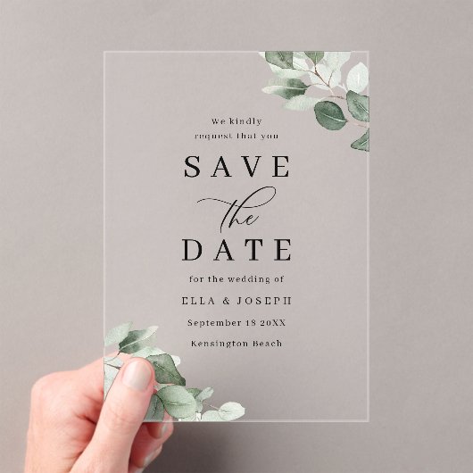 Modern Script Green Leaf Wedding Save The Date アクリル招待状 (インサイチュ (ポータブル))
