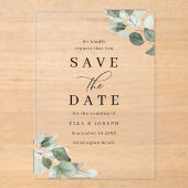 Modern Script Green Leaf Wedding Save The Date アクリル招待状 (正面)