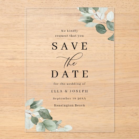 Modern Script Green Leaf Wedding Save The Date アクリル招待状 (正面)