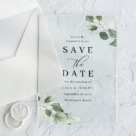 Modern Script Green Leaf Wedding Save The Date アクリル招待状