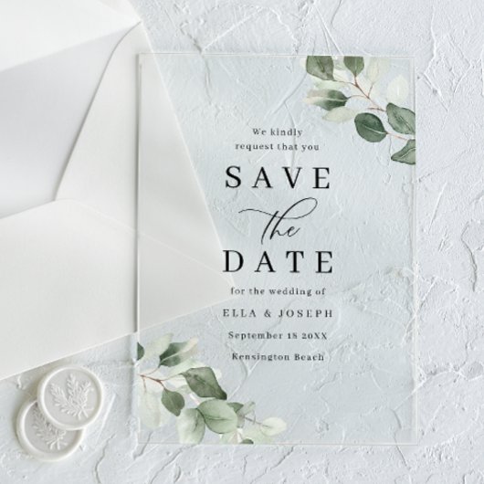 Modern Script Green Leaf Wedding Save The Date アクリル招待状