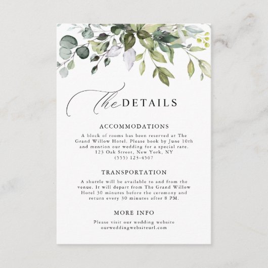 Modern Script Greenery Eucalyptus Wedding Details エンクロージャーカード (正面)