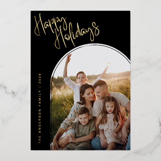 Modern Script Happy Holidays | 写真2枚追加 箔シーズンカード (正面)
