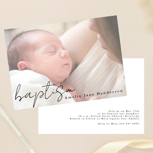 Modern Script Hazy Photo Elegant Baptism 招待状