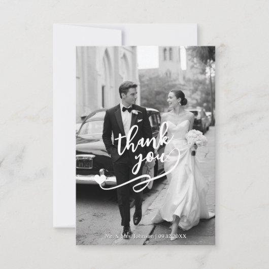 Modern Script Heart 2 Photo Wedding サンキューカード (正面)